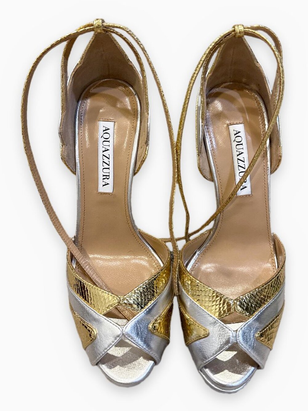 NEVER WORN Aquazzura Gold/Silver Snake-Embossed Platform Sandals 37 / US 7 Italy